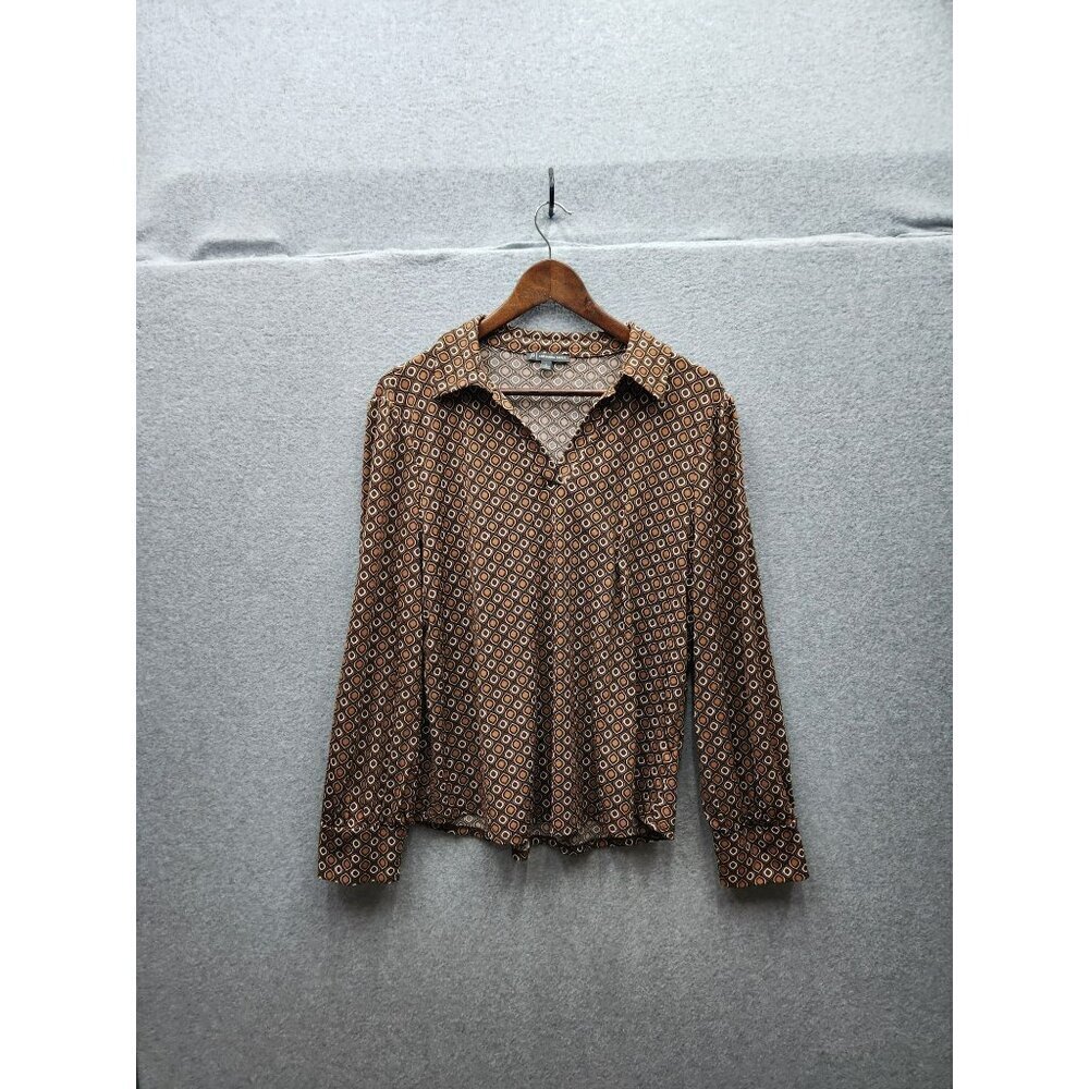 Adrianna Papell Womens Geometric Print Long Sleeve Blouse L Brown & Ivory Polyes